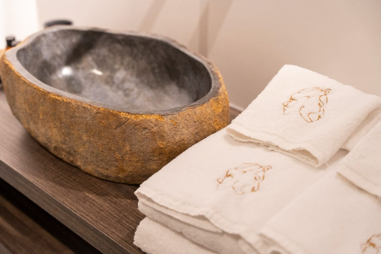 Il bagno con il lavabo di pietra e la parete di tufo